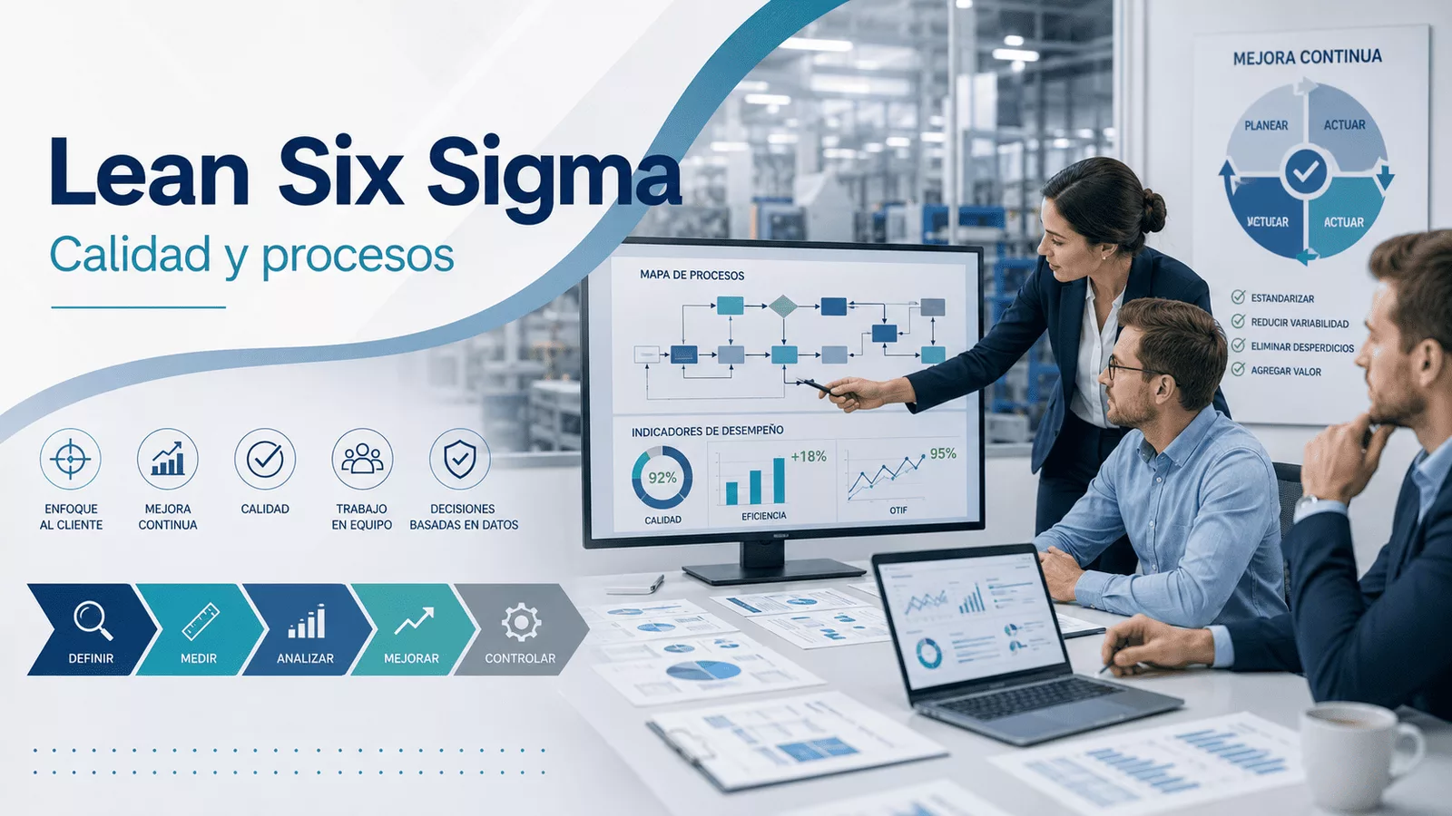Equipo profesional analizando un mapa de procesos e indicadores de Lean Six Sigma para mejorar la calidad.
