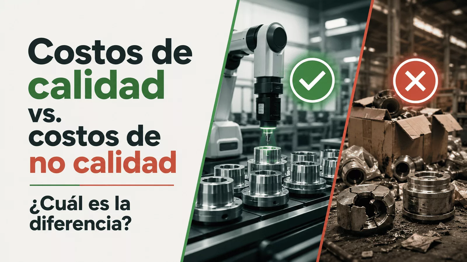 Comparación entre costos de calidad y costos de no calidad en una línea de producción industrial con inspección, defectos, reprocesos y desperdicios.