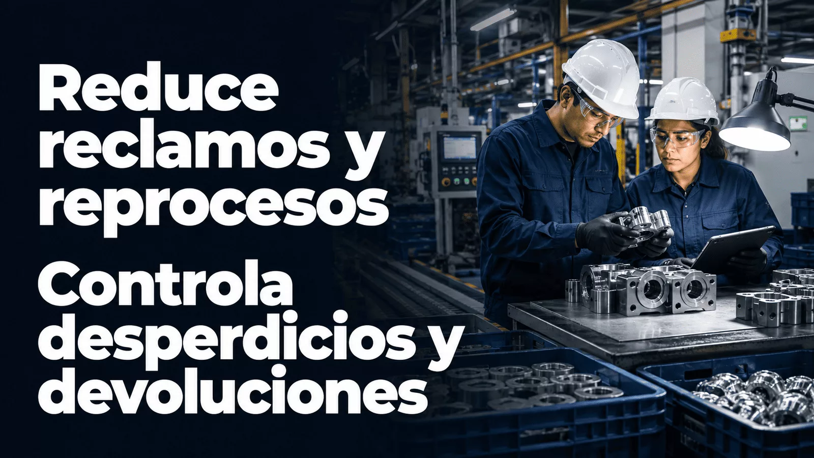 Trabajadores inspeccionan piezas metálicas en una planta industrial para reducir reclamos, reprocesos, desperdicios y devoluciones.