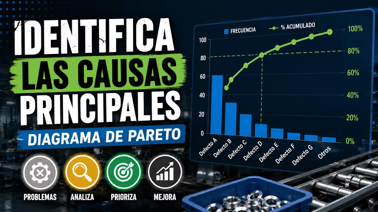 Diagrama de Pareto con barras de frecuencia y porcentaje acumulado para identificar y priorizar las causas principales de un proceso industrial.