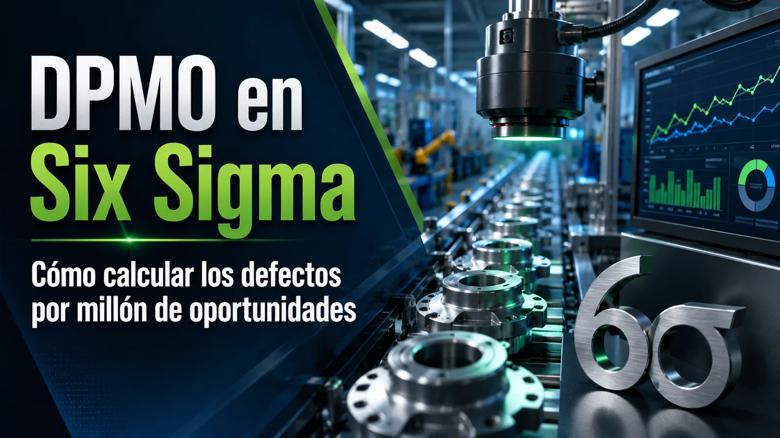 Línea de producción industrial con inspección automatizada y análisis DPMO en Six Sigma