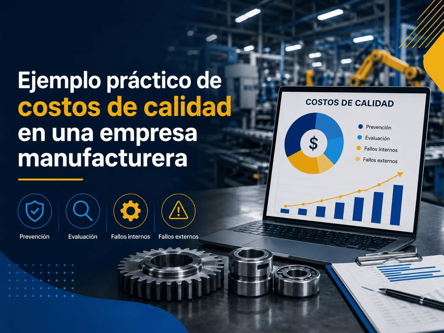 Portada sobre costos de calidad en una empresa manufacturera, con fábrica, laptop con gráficos e iconos de prevención, evaluación y fallos.