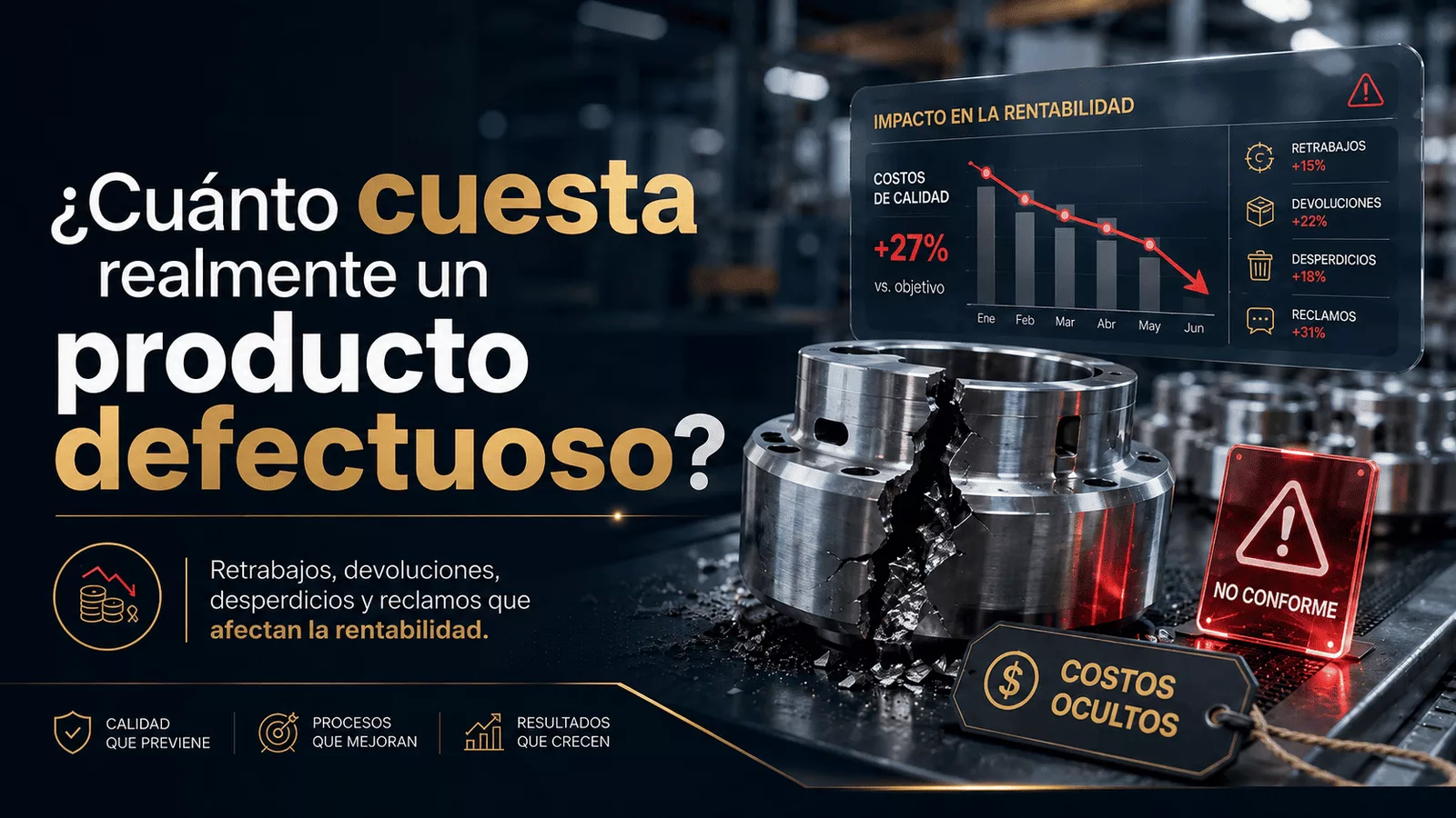 Pieza metálica defectuosa en una línea de producción con indicadores de retrabajos, devoluciones y costos ocultos que afectan la rentabilidad.
