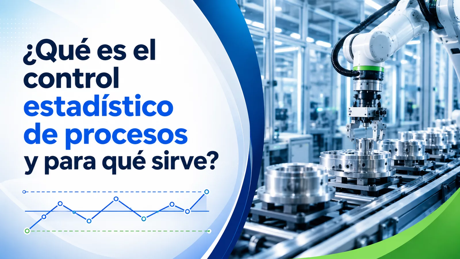 Línea de producción automatizada con robot industrial y gráfico de control estadístico de procesos