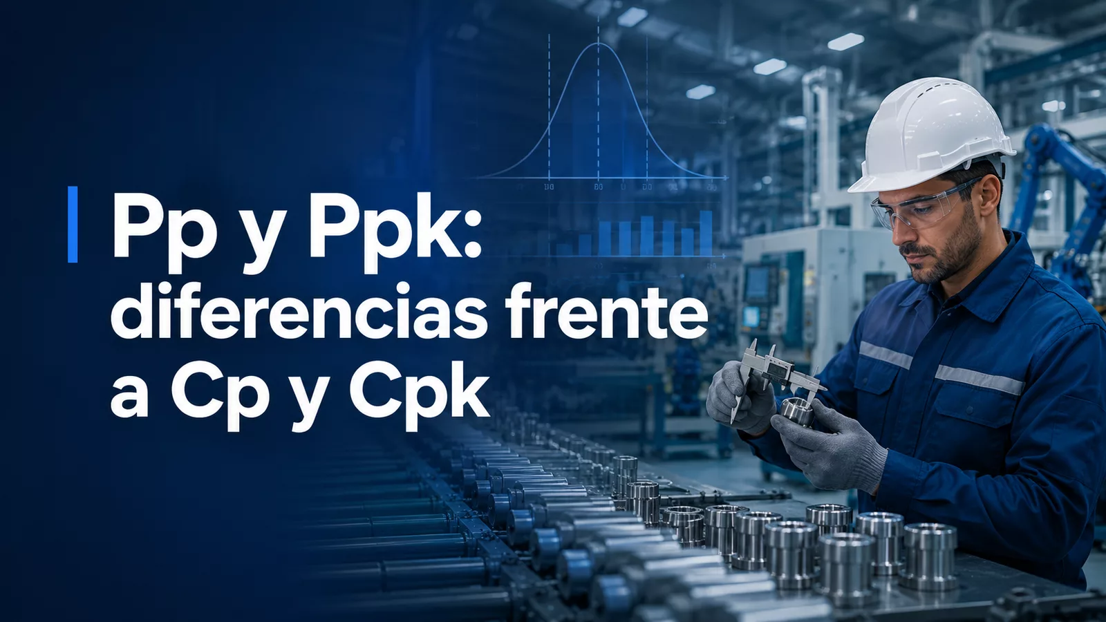 Operario de manufactura midiendo una pieza metálica en una fábrica, con gráficos de capacidad de proceso y el título Pp y Ppk: diferencias frente a Cp y Cpk.