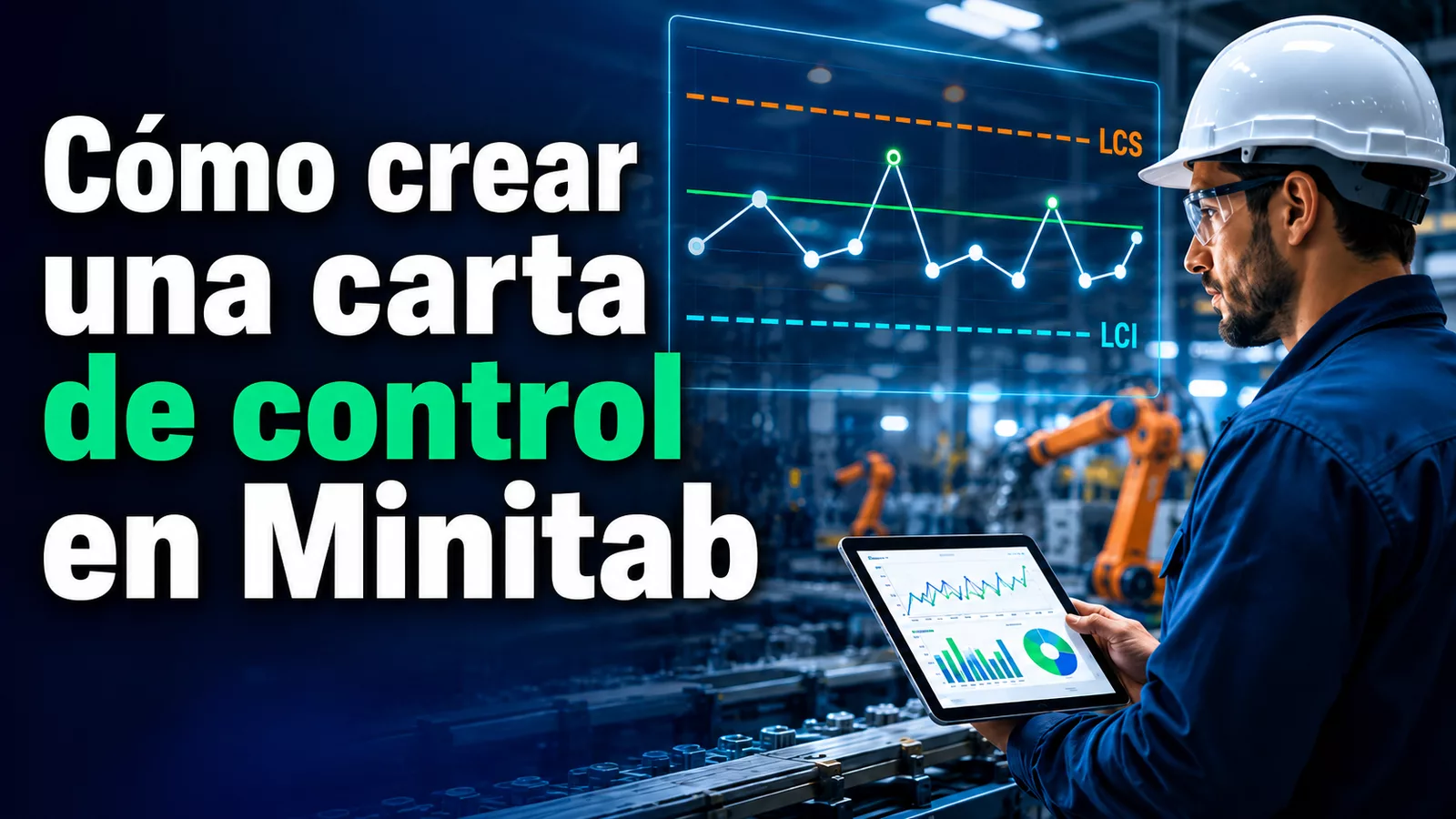 Ingeniero industrial en una fábrica analizando una carta de control en Minitab junto a una línea de producción automatizada.