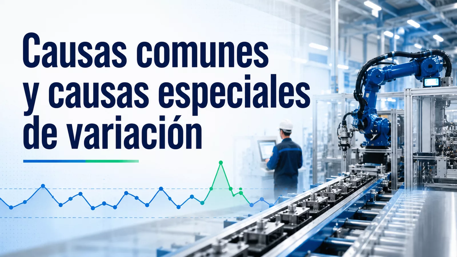 Línea de producción industrial con brazo robótico y gráfico de control que representa causas comunes y especiales de variación.