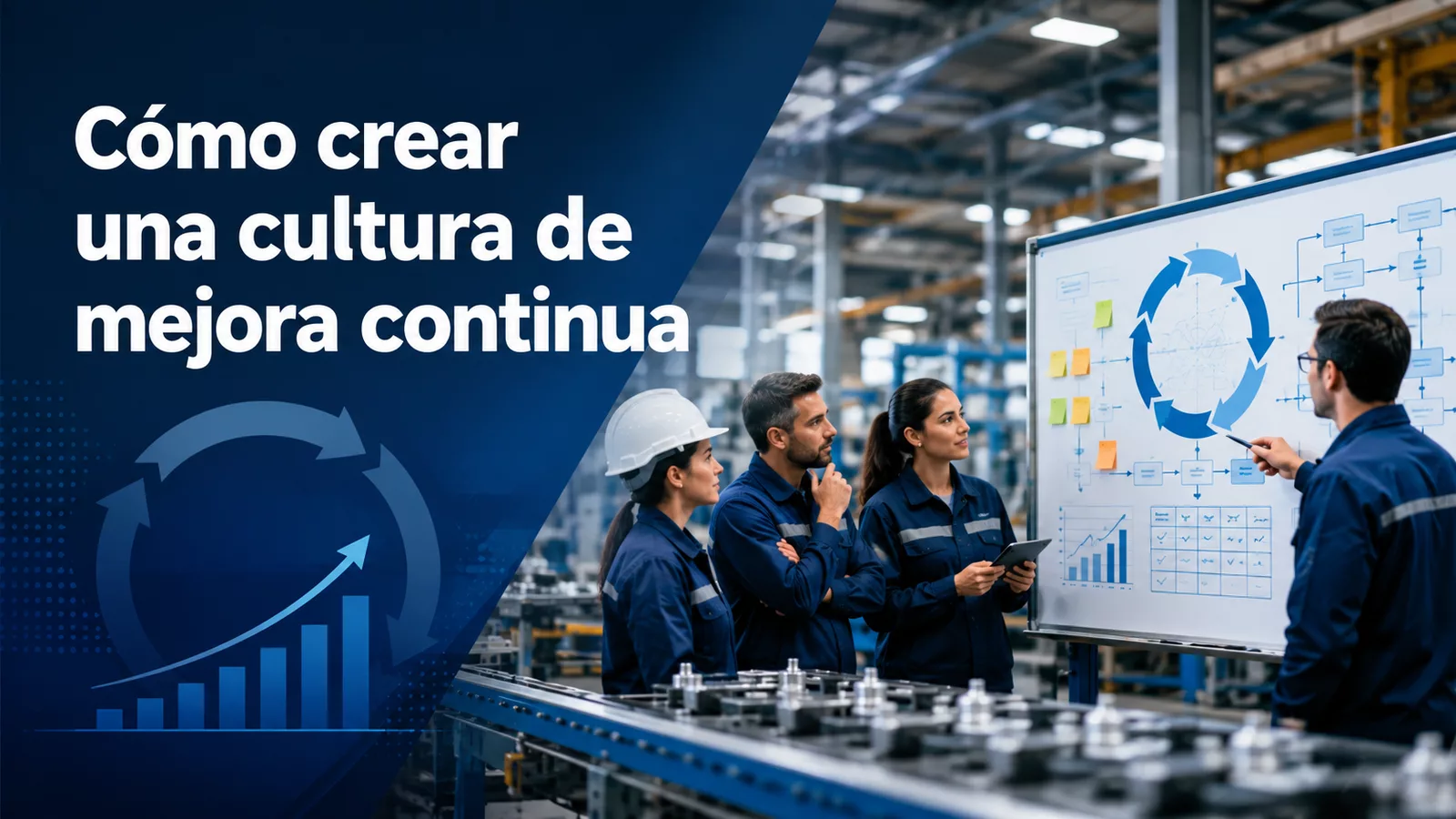 Equipo industrial trabajando en una cultura de mejora continua en una planta de producción.