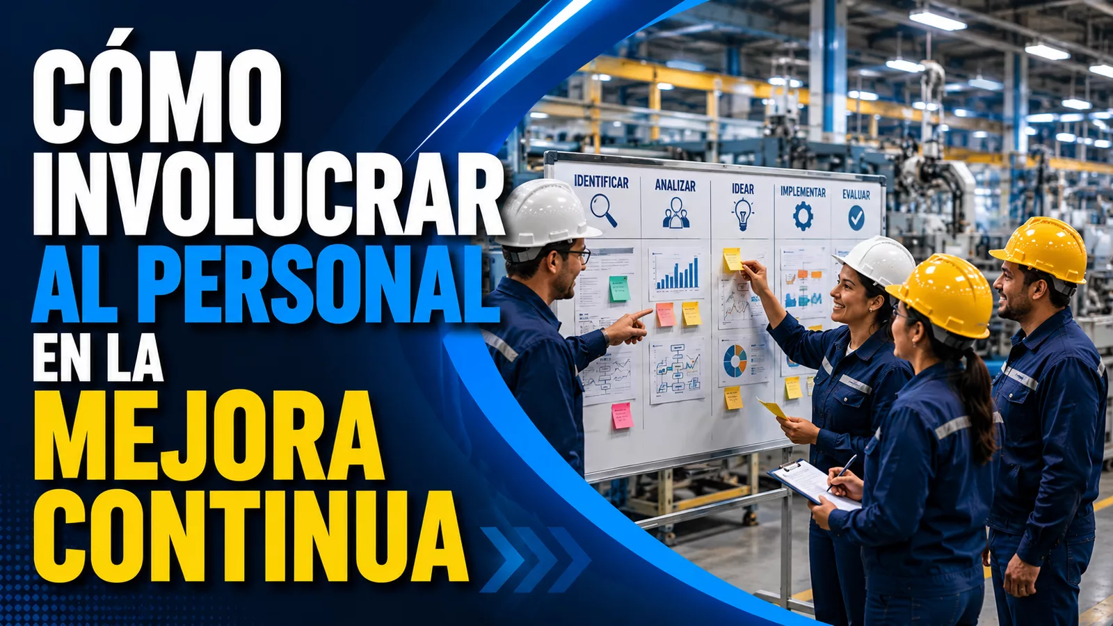 Equipo de trabajadores participando en una reunión de mejora continua dentro de una planta industrial, analizando problemas y propuestas de mejora.