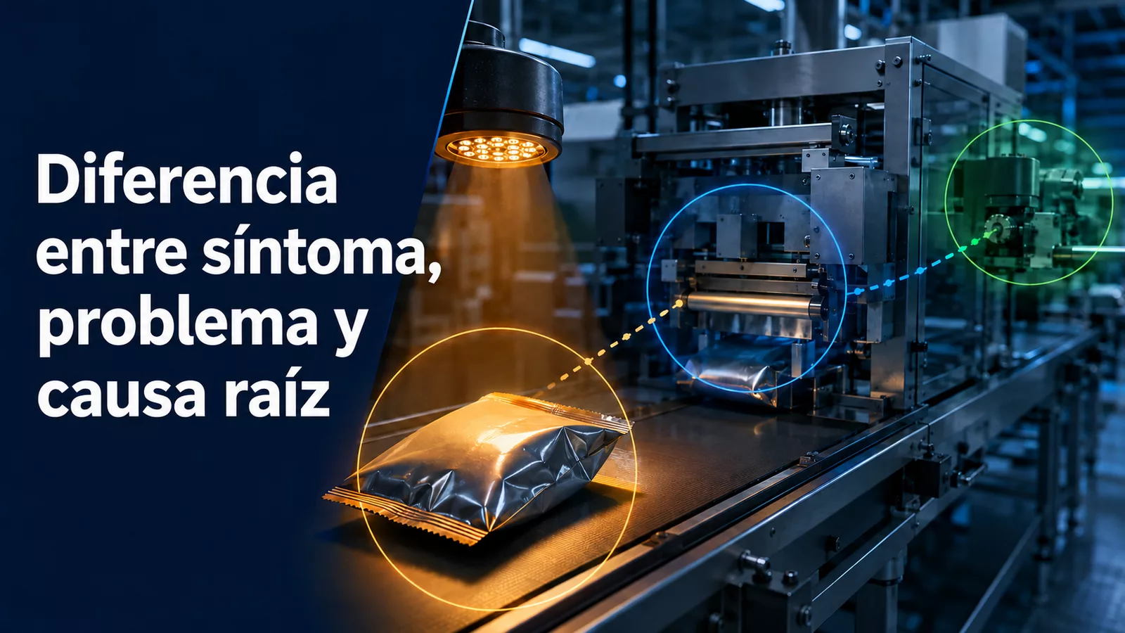 Línea de manufactura analizada para diferenciar síntoma, problema y causa raíz