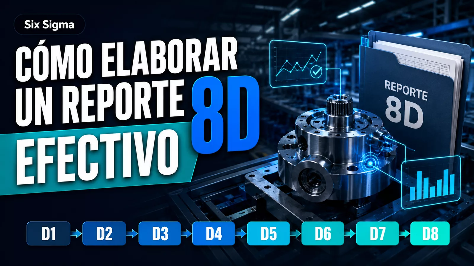 Reporte industrial con ocho etapas para documentar la solución de un problema de calidad.