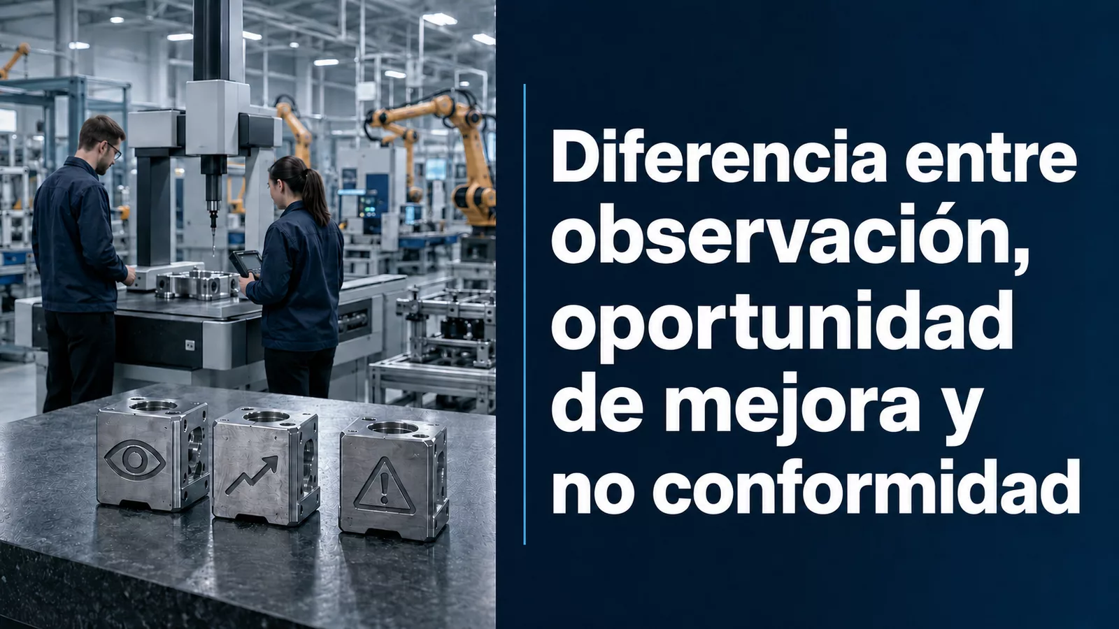 Equipo auditor clasificando una observación, una oportunidad de mejora y una no conformidad en una planta industrial.